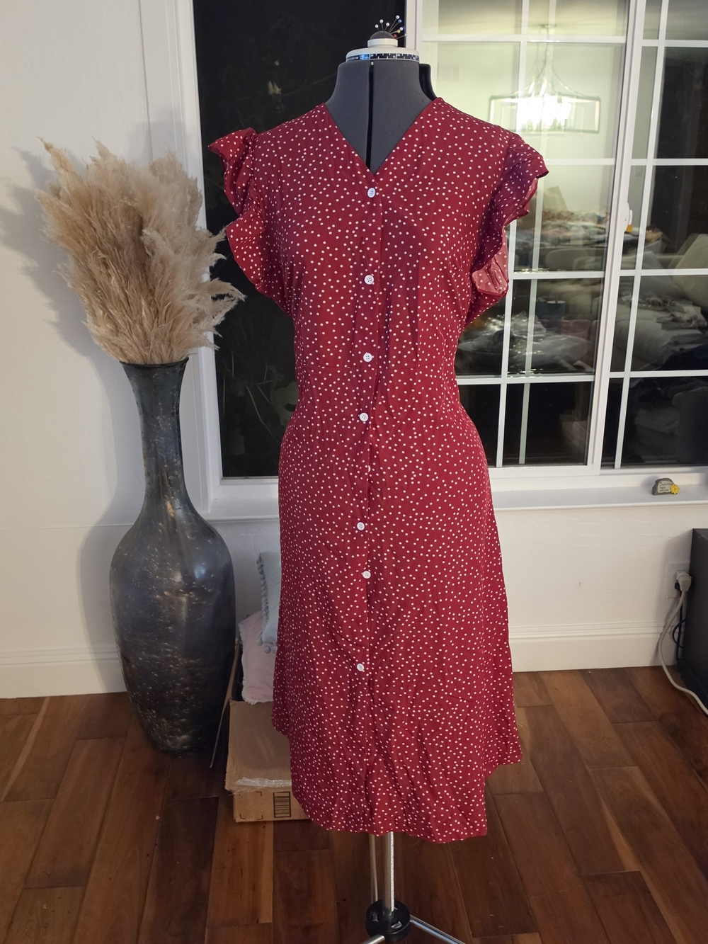 Women’s Red Polka Dot Button-Front Dress